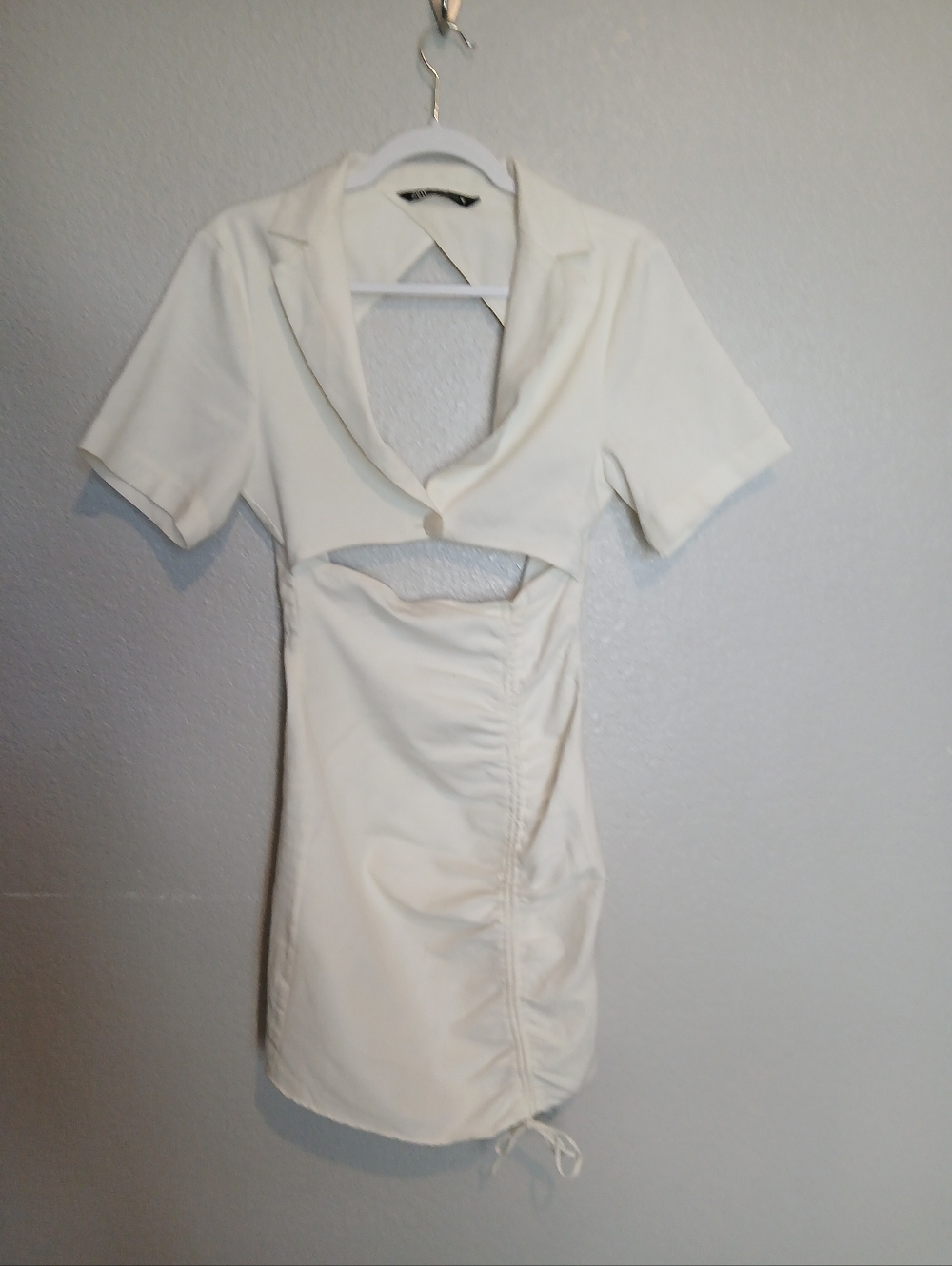Zara Linen Blend Ivory Cream Cut Out Open Back Ruched Mini Shirt Dress Size XS - Picture 4 of 9